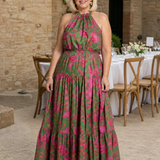 Elegantní růžová midi šaty s halter výstřihem